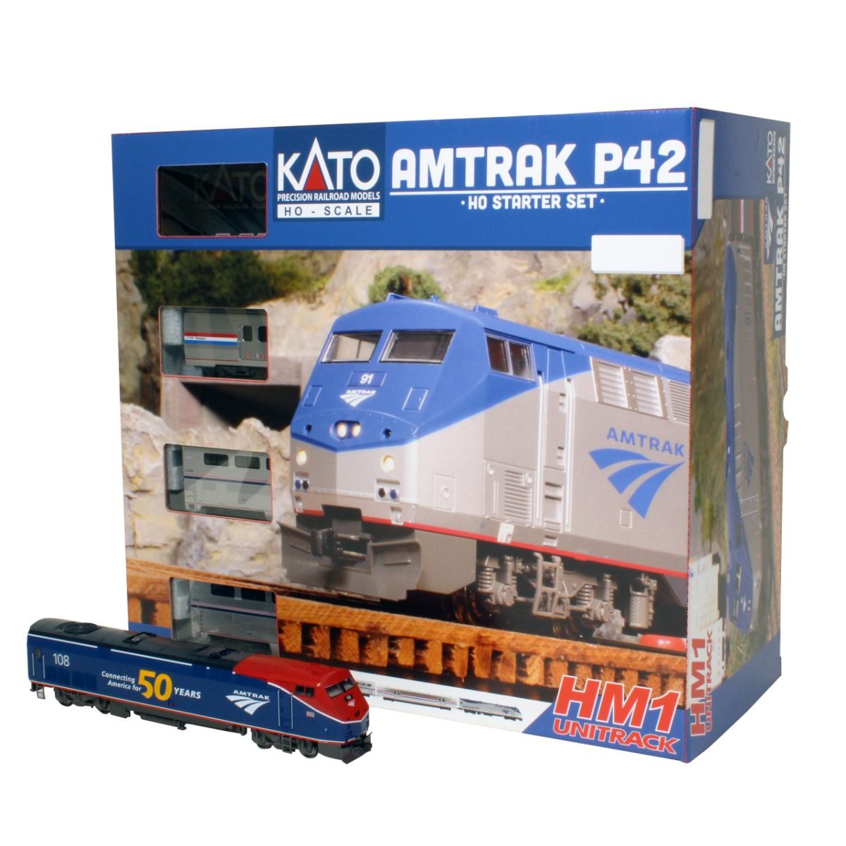 HO Scale Kato 30-3004, Amtrak GE P42 Starter Set, Std. DC, Phase VI #108, With Unitrack Oval & Kato SX Power Pack